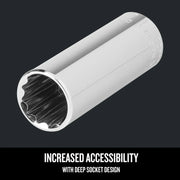 Photo of Craftsman deep socket, silver finish, cylindrical shape, SKU CMMT44422, graphics category, angled view.
