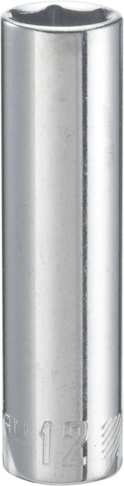 Craftsman CMMT44428 chrome deep socket, 12mm, vertical angle on white background.