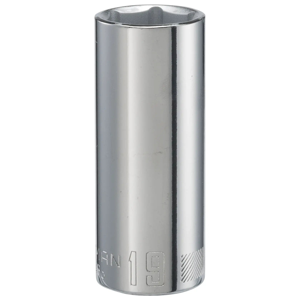Photo of Craftsman deep socket, chrome finish, size 19mm, SKU CMMT44436, front angle on white background.