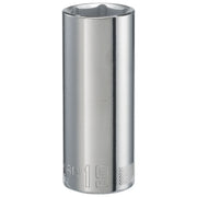 Photo of Craftsman deep socket, chrome finish, size 19mm, SKU CMMT44436, front angle on white background.