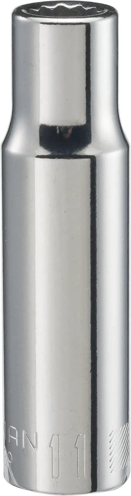 Photo of Craftsman deep socket, chrome finish, 12-point, size 11mm, SKU CMMT44439, front angle, white background.
