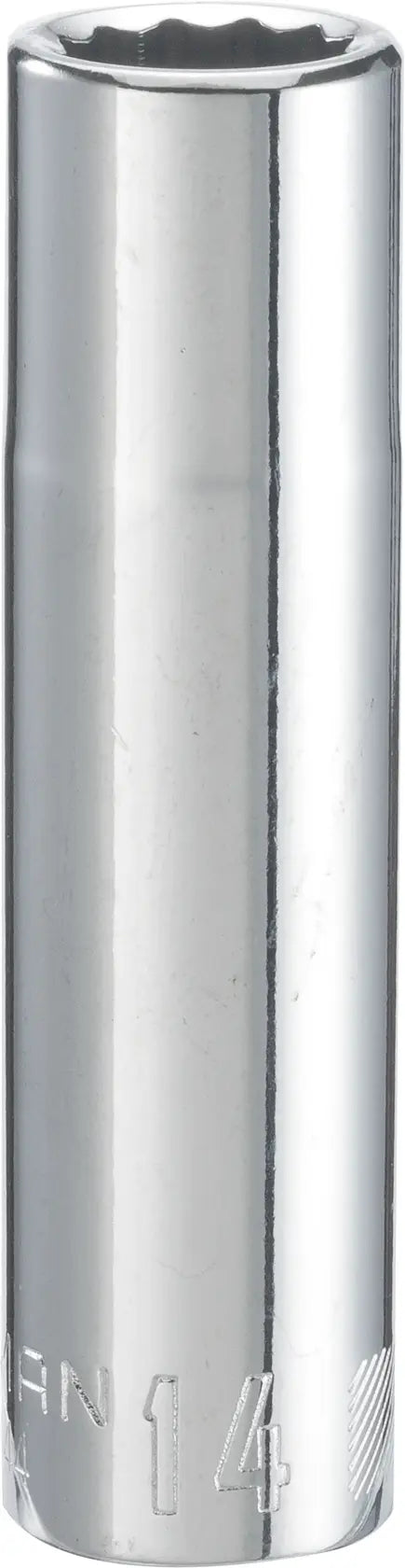 Photo of Craftsman deep socket, chrome finish, 12-point, size 14mm, SKU CMMT44444, front angle on white.