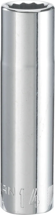 Photo of Craftsman deep socket, chrome finish, 12-point, size 14mm, SKU CMMT44444, front angle on white.