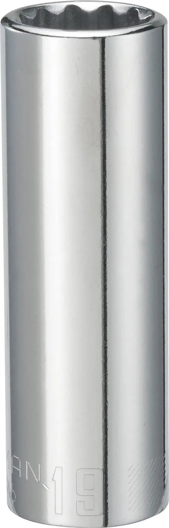Photo of CRAFTSMAN chrome deep socket, SKU CMMT44446, shown upright on white background.