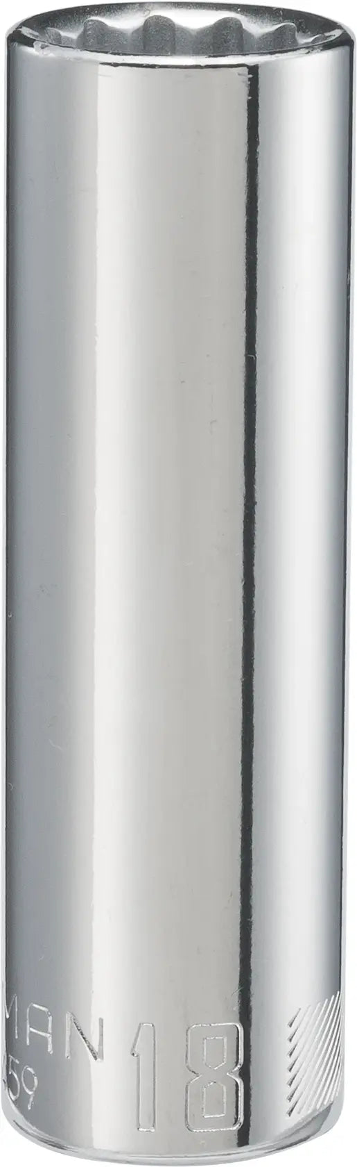 Craftsman CMMT44459 chrome deep socket, 18mm, front angle, isolated on white background.