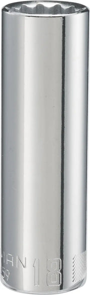 Craftsman CMMT44459 chrome deep socket, 18mm, front angle, isolated on white background.