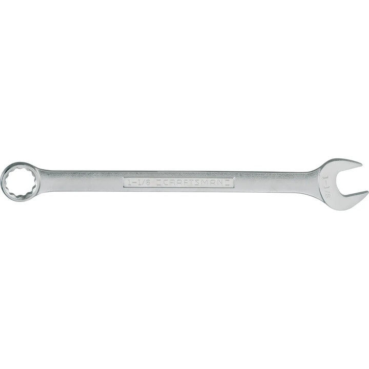 Craftsman CMMT44707 combination wrench, silver finish, 1-1/8 inch size, top view on white background.