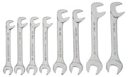 Craftsman CMMT44778 set of eight open-end wrenches, chrome finish, arranged in size order, front angle, white background.