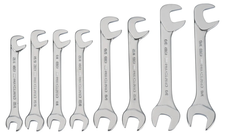 Craftsman CMMT44778 set of eight open-end wrenches, chrome finish, arranged in size order, front angle, white background.