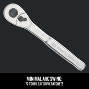 Photo of Craftsman 3/8-inch drive ratchet, chrome finish, model CMMT45071, angled view on dark background.