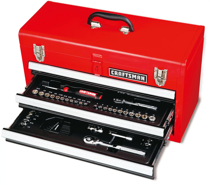 Craftsman CMMT45104 red metal toolbox photography with open drawers showing organized socket set and tools.