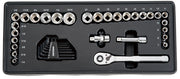 Craftsman socket and ratchet set CMMT45104, assorted sizes in black tray, top-down photo.