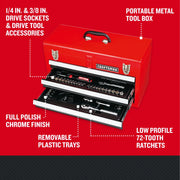 Photo of Craftsman CMMT45104 red portable metal tool box with open drawers showing drive sockets, ratchets, and accessories.