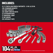 Photo of Craftsman 104-piece SAE/Metric mechanics tool set CMMT45104, including ratchets, sockets, hex keys, bits, and driver on white background.