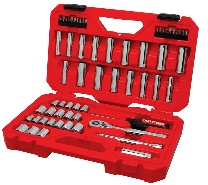 Craftsman socket wrench set CMMT45161 in red case, open view showing sockets and accessories.