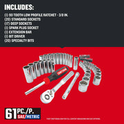 Photo of Craftsman 61-piece SAE/Metric mechanics tool set, SKU CMMT45161, with sockets, ratchet, bit driver, and extension bar on red background.