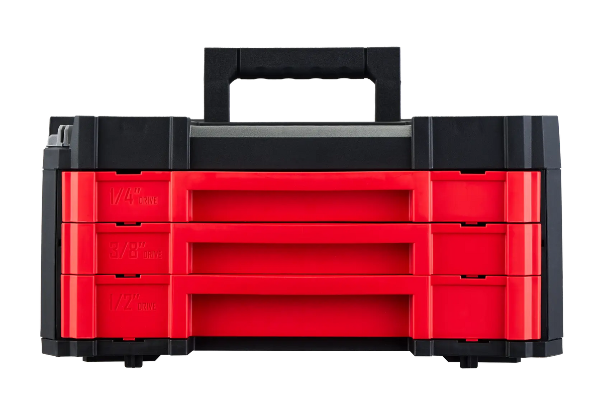 Craftsman modular red and black tool box with three drawers, front angle, CMMT45242.