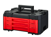 Craftsman CMMT45242 tool box with three red drawers, black body, and top handle, angled view.