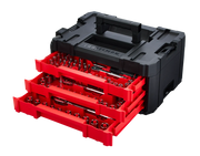 Craftsman CMMT45242 black tool box with three red drawers, socket set, front angle photo.