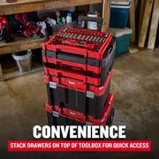 Photo of Craftsman rolling toolbox with stackable red and black drawers filled with sockets, SKU CMMT45242.