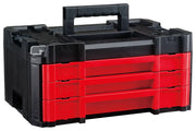 A black and red hard plastic toolbox organizer with three drawers and a sturdy handle on top, suitable for storing and carrying small tools or hardware.