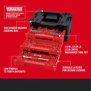 Photo of Craftsman CMMT45306 graphics showing a mechanics tool set in a black and red stackable case with open drawers.