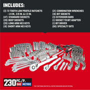 CRAFTSMAN CMMT45306 230-piece SAE and metric mechanics tool set, includes ratchets, sockets, wrenches, bits, white background angle.