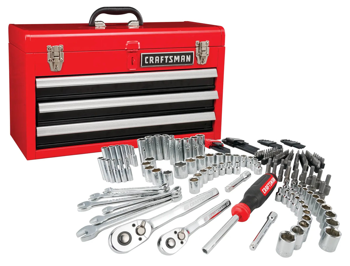 Photo of Craftsman tool set SKU CMMT45308 with red toolbox, sockets, ratchets, wrenches, screwdriver, and assorted bits on white background.