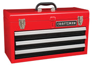 Craftsman red metal toolbox with three drawers and black handle, SKU CMMT45308, front angle photo.