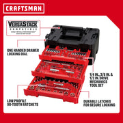 Craftsman CMMT45309 mechanics tool set with three red organized trays, black case, and labeled Versastack compatible.