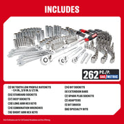 Craftsman CMMT45309 mechanics tool set, 262-piece SAE/Metric, includes ratchets, sockets, wrenches, bits on white background angle.