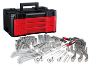 Craftsman tool set CMMT45309 with black and red storage box, wrenches, sockets, and bits, front angle photo.