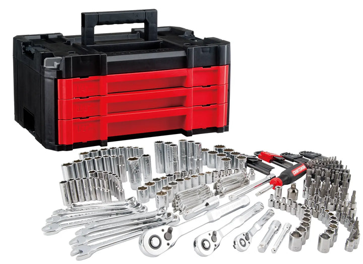 Craftsman tool set CMMT45309 with black and red storage box, wrenches, sockets, and bits, front angle photo.