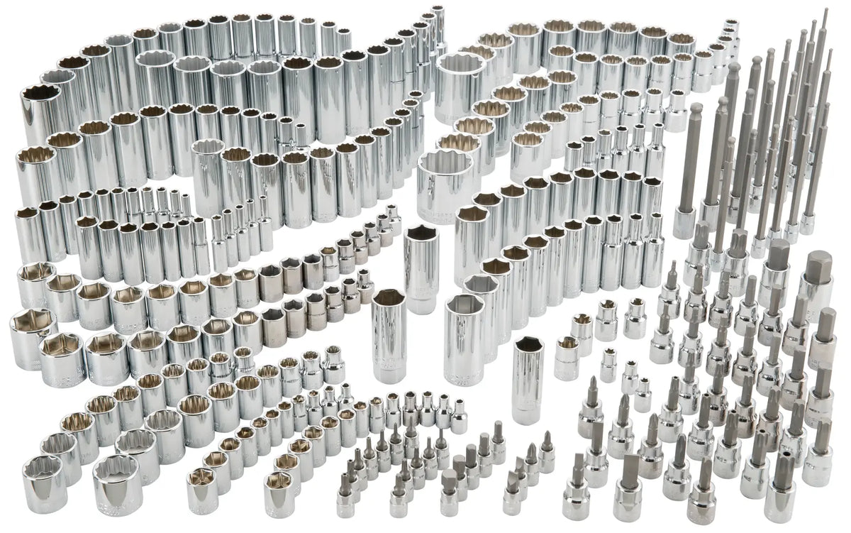 Craftsman chrome socket set with assorted sizes and types, SKU CMMT45310, photography on white background, angled view.