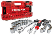 Craftsman CMMT45325 socket and ratchet set with chrome sockets, ratchets, and screwdriver in front of a red hard case, front angle.