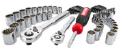 A set of mechanic tools including two ratchet wrenches, a screwdriver with a red and black handle, various chrome sockets of different sizes, and two sets of hex keys arranged on a white background.