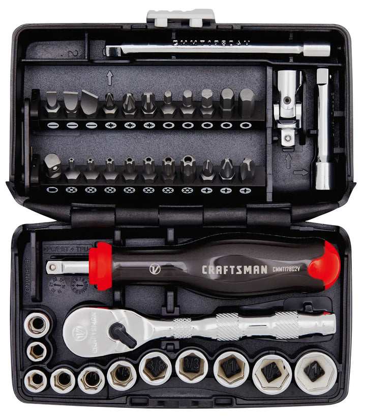 Photo of Craftsman ratchet and socket set CMMT45750V with bits, handle, and sockets in black case, top view.