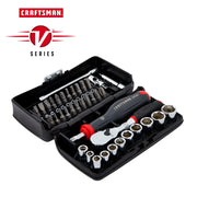 Photo of Craftsman V-Series socket and bit set CMMT45750V, showing open case with ratchet, screwdriver, bits, and sockets.