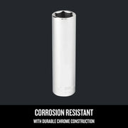 Photo of Craftsman chrome deep socket, SKU CMMT45933, corrosion resistant, shown upright on dark background.