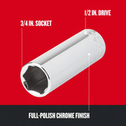 Craftsman chrome 3/4 in. socket with 1/2 in. drive, full-polish finish, SKU CMMT45935, side angle.