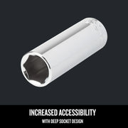 Photo of Craftsman deep socket, chrome finish, graphics SKU CMMT45935, angled on black background.