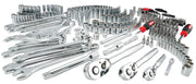 Photo of CRAFTSMAN CMMT45938 mechanics tool set with chrome wrenches, ratchets, sockets, screwdrivers, front angle on white.