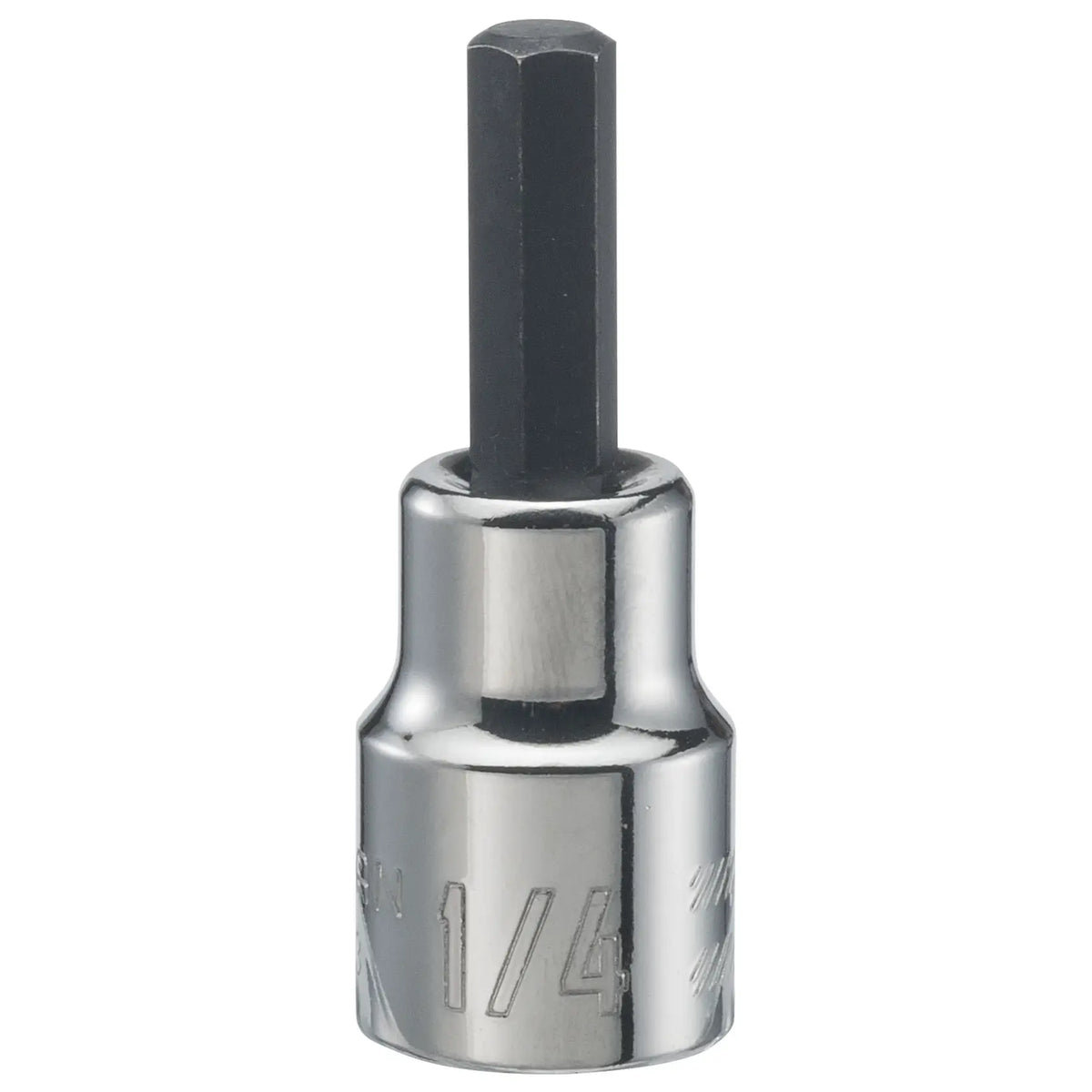 Photo of Craftsman hex bit socket, chrome finish, SKU CMMT46663, front angle, with engraved size marking.