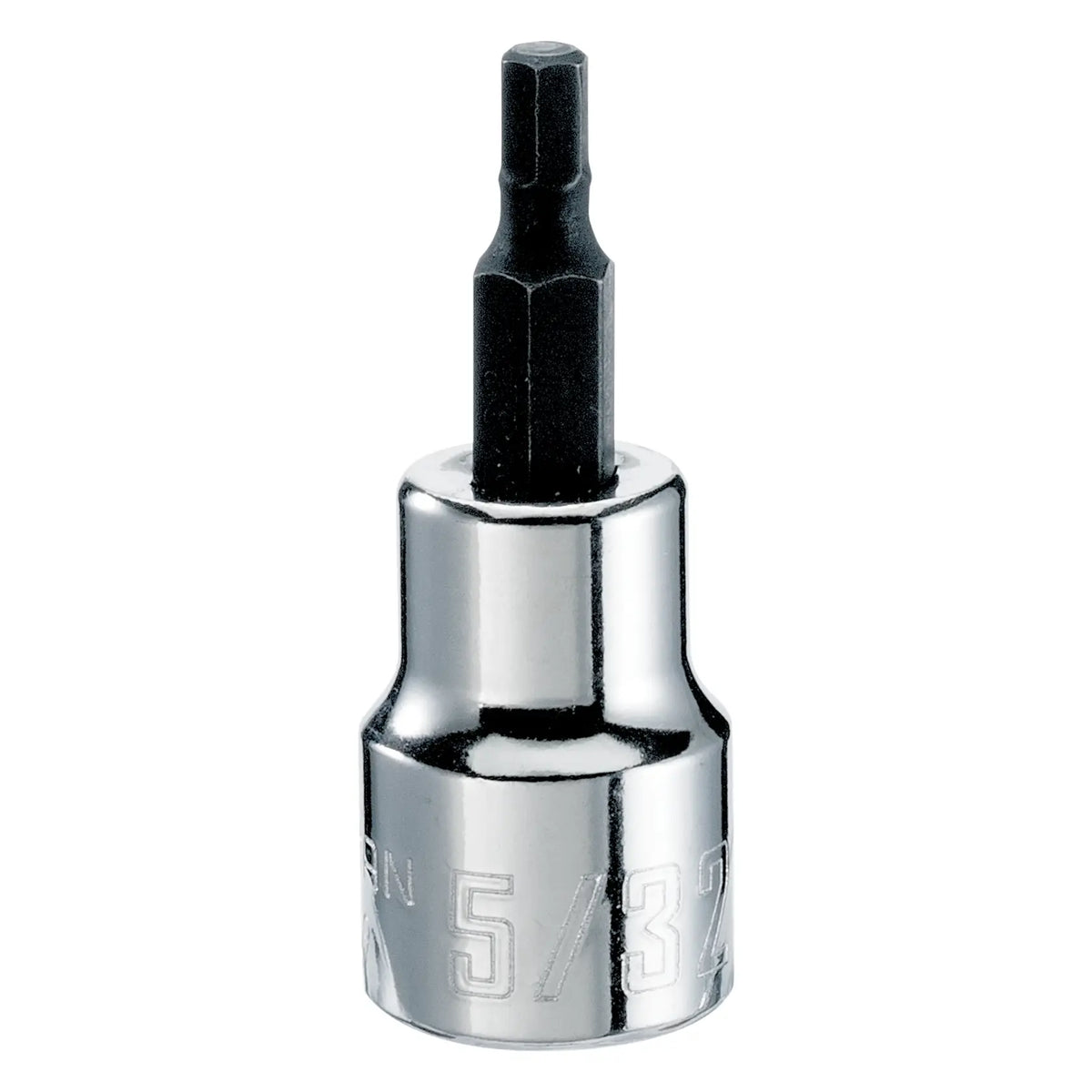 Photo of CRAFTSMAN hex bit socket, chrome and black finish, model CMMT46669, shown upright on white background.
