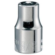 Photo of CRAFTSMAN chrome socket, model CMMT47500, front angle, showing embossed size marking for 3/8 inch.