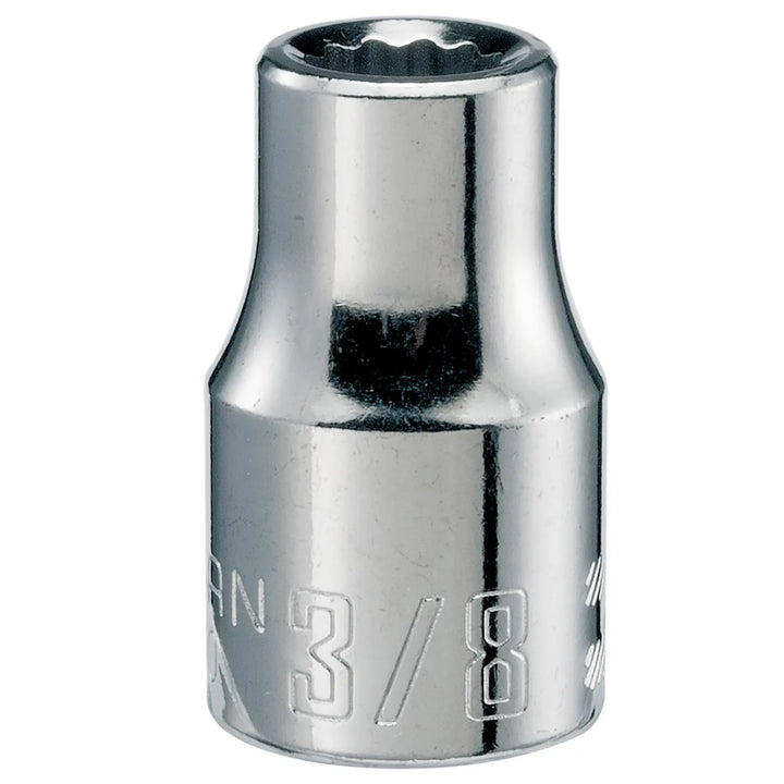 Photo of CRAFTSMAN chrome socket, model CMMT47500, front angle, showing embossed size marking for 3/8 inch.