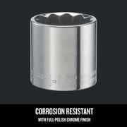 Craftsman chrome socket, 1-1/2 inch, full-polish finish, front angle, SKU CMMT47518, corrosion resistant.
