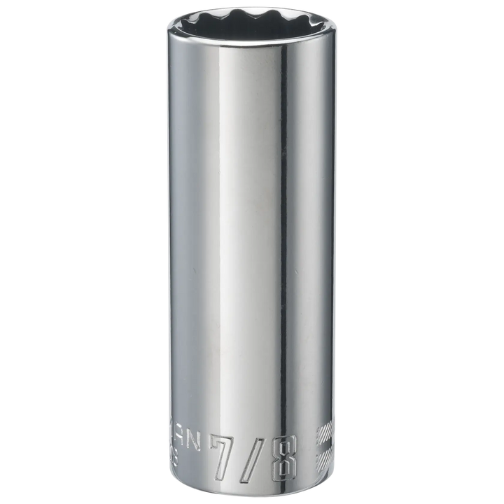 Craftsman deep socket 7/8 inch chrome finish, SKU CMMT47528, tool photo on white background, front angle.