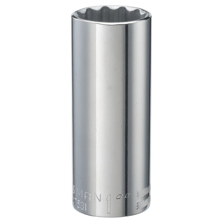 Photo of Craftsman CMMT47531 chrome deep socket, cylindrical shape, laser-etched markings, white background.