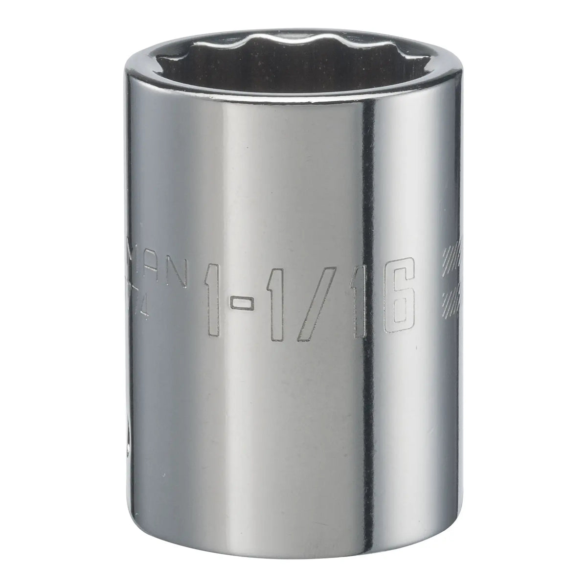 Photo of Craftsman chrome 1-1/16 inch socket, CMMT47774, shown upright on white background.
